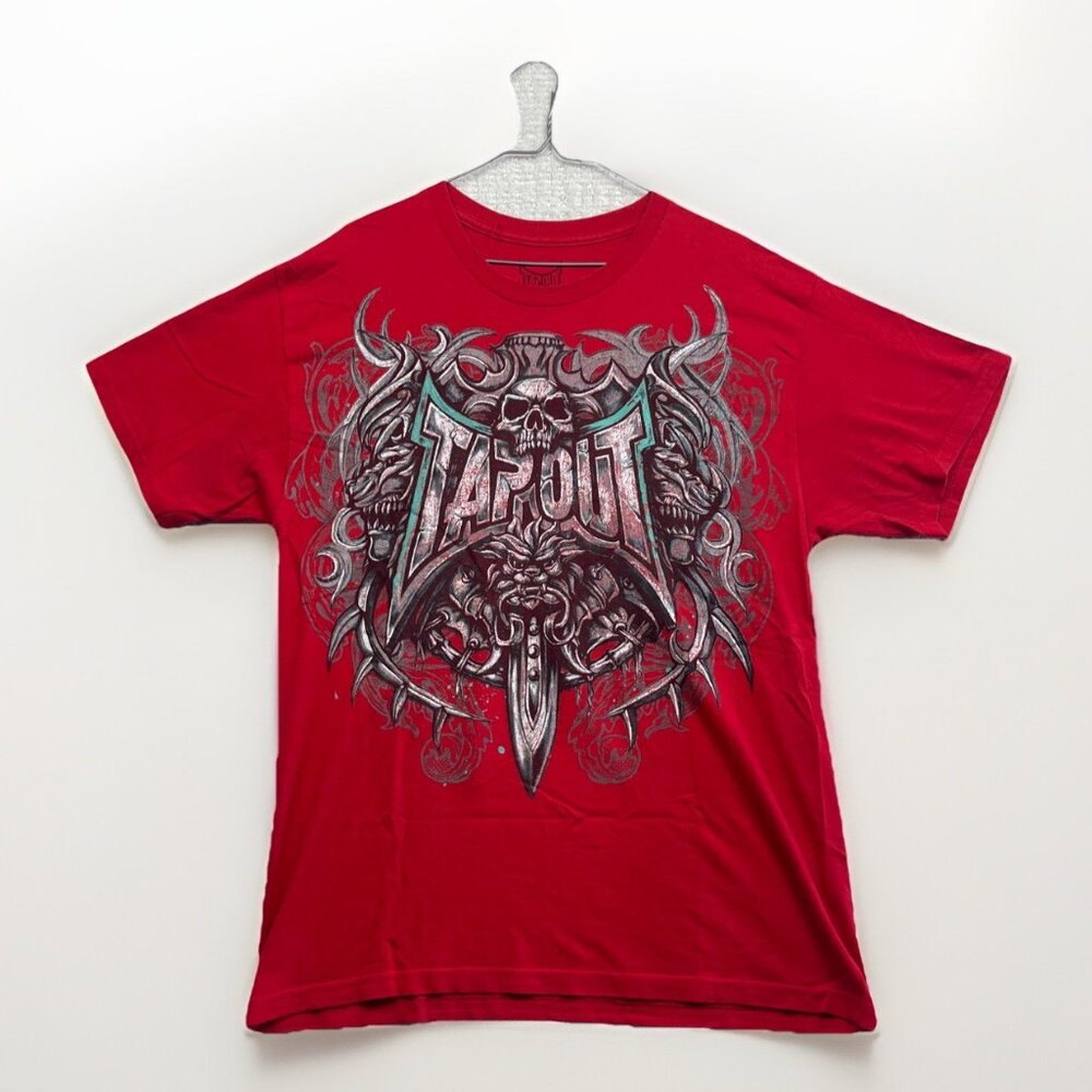 Tapout MMA Shirt Men’s Large Red Goth Skeleton Skull Y2K AOP Grunge Swords'